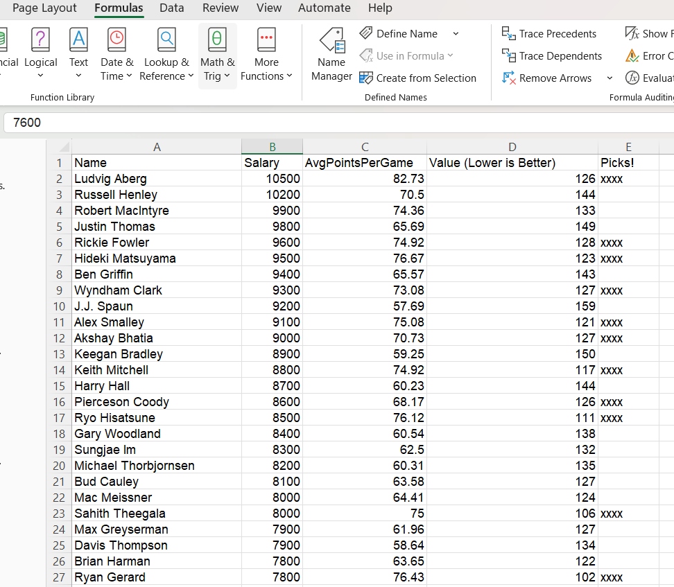 Basic Roster Salary/Fantasy Points